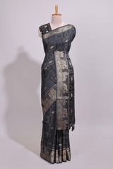 Black striped elephant & bird zari butta dola silk saree with self zari border and matching zari motifs blouse