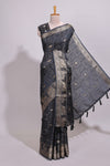 Black striped elephant & bird zari butta dola silk saree with self zari border and matching zari motifs blouse
