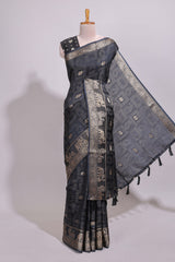 Black striped elephant & bird zari butta dola silk saree with self zari border and matching zari motifs blouse