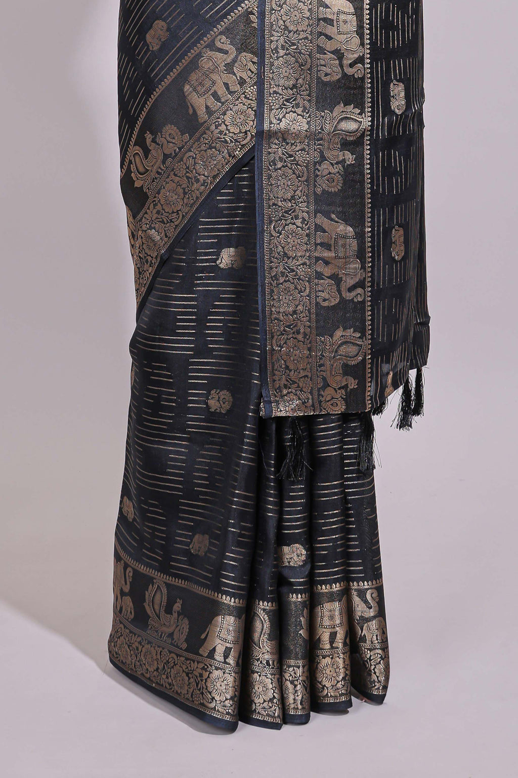 Black striped elephant & bird zari butta dola silk saree with self zari border and matching zari motifs blouse