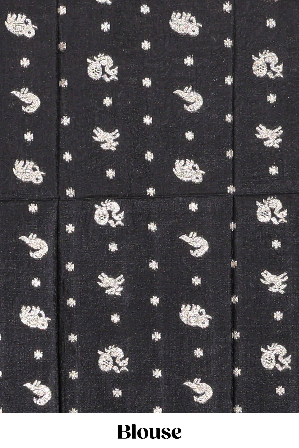 Black striped elephant & bird zari butta dola silk saree with self zari border and matching zari motifs blouse
