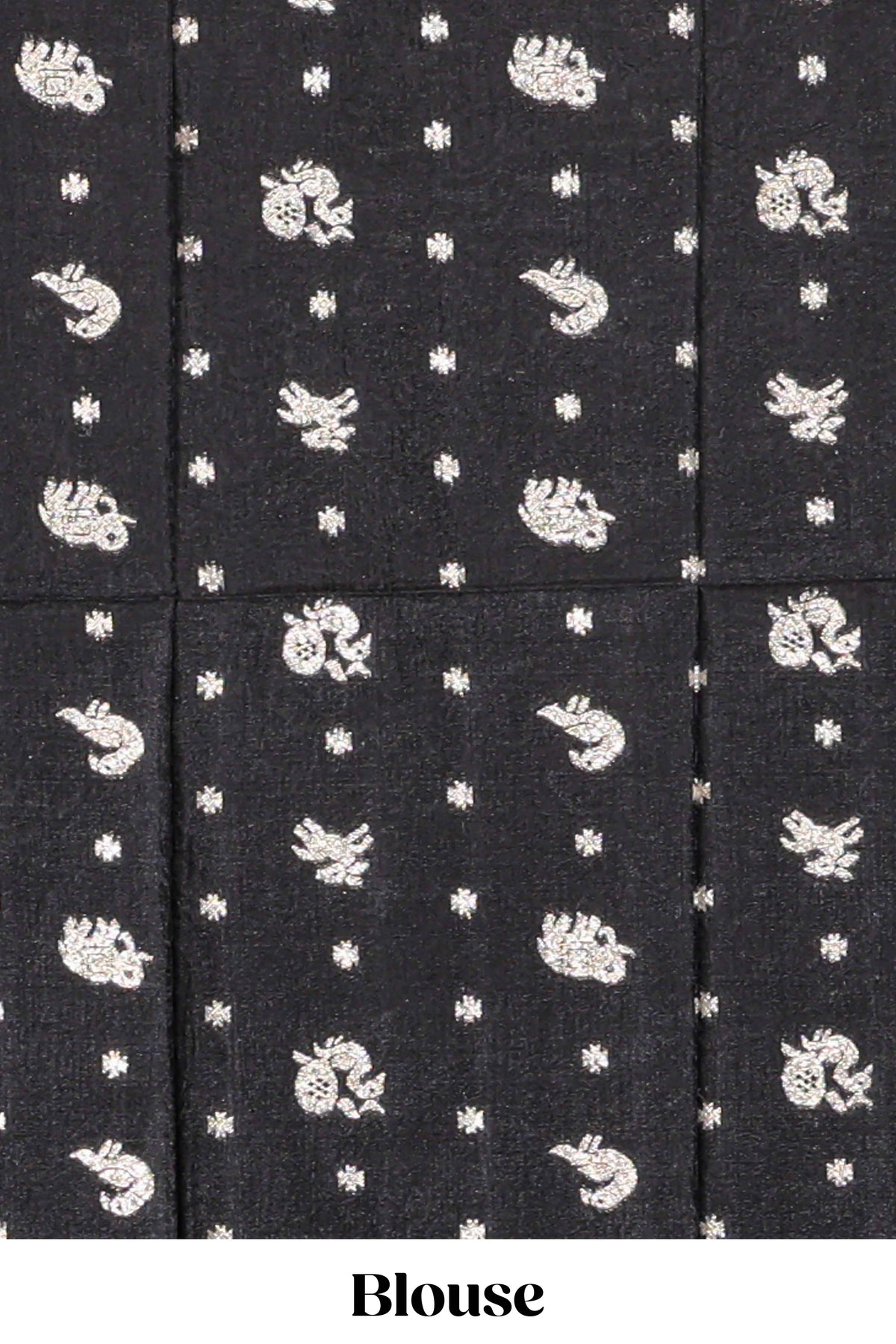 Black striped elephant & bird zari butta dola silk saree with self zari border and matching zari motifs blouse