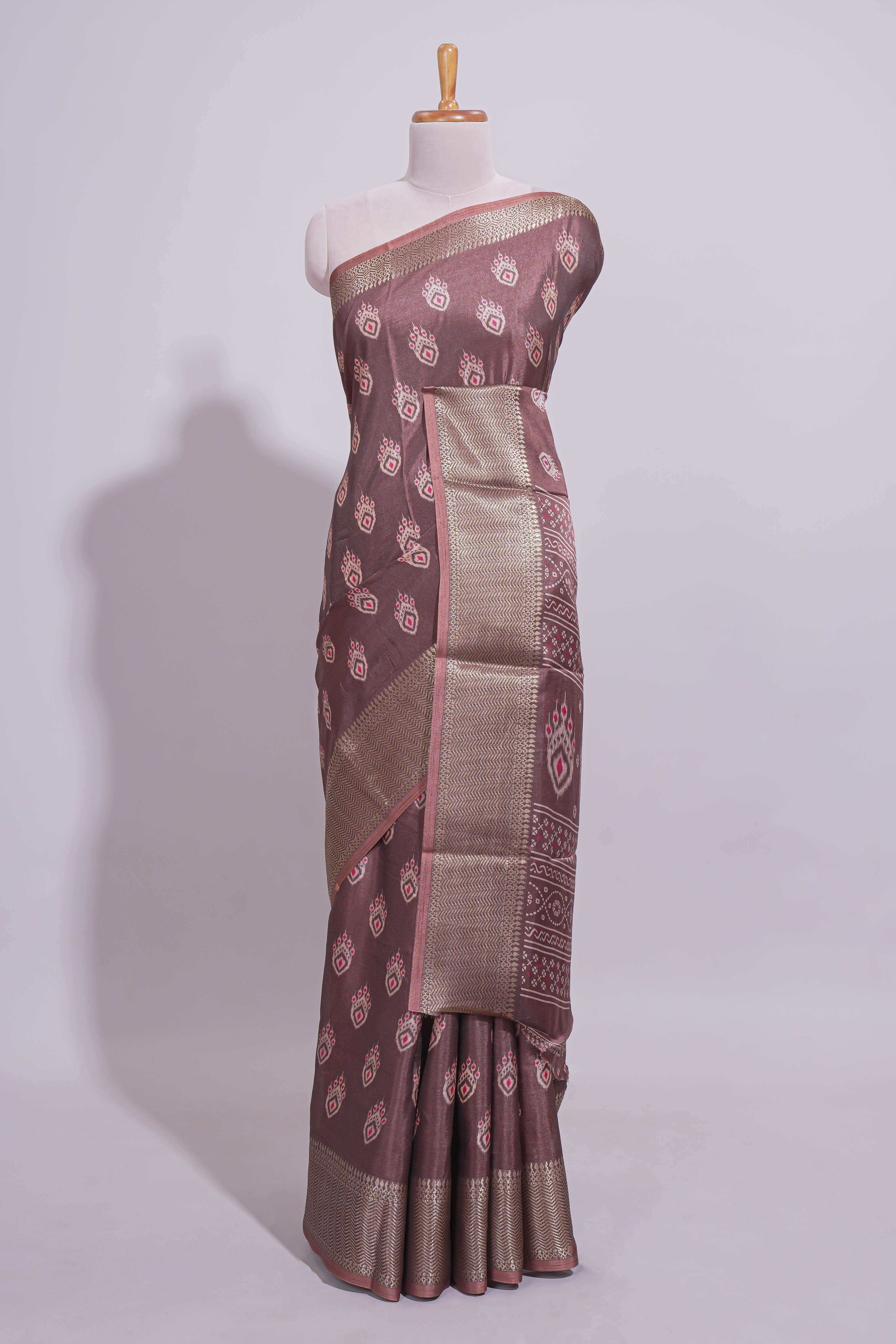 Browndola silk saree with all over butta self zari border and matching zari motifs blouse