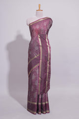 Plum Purple Dola Silk Saree Floral Motifs with Zari Border and matching printed blouse