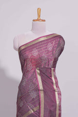 Plum Purple Dola Silk Saree Floral Motifs with Zari Border and matching printed blouse