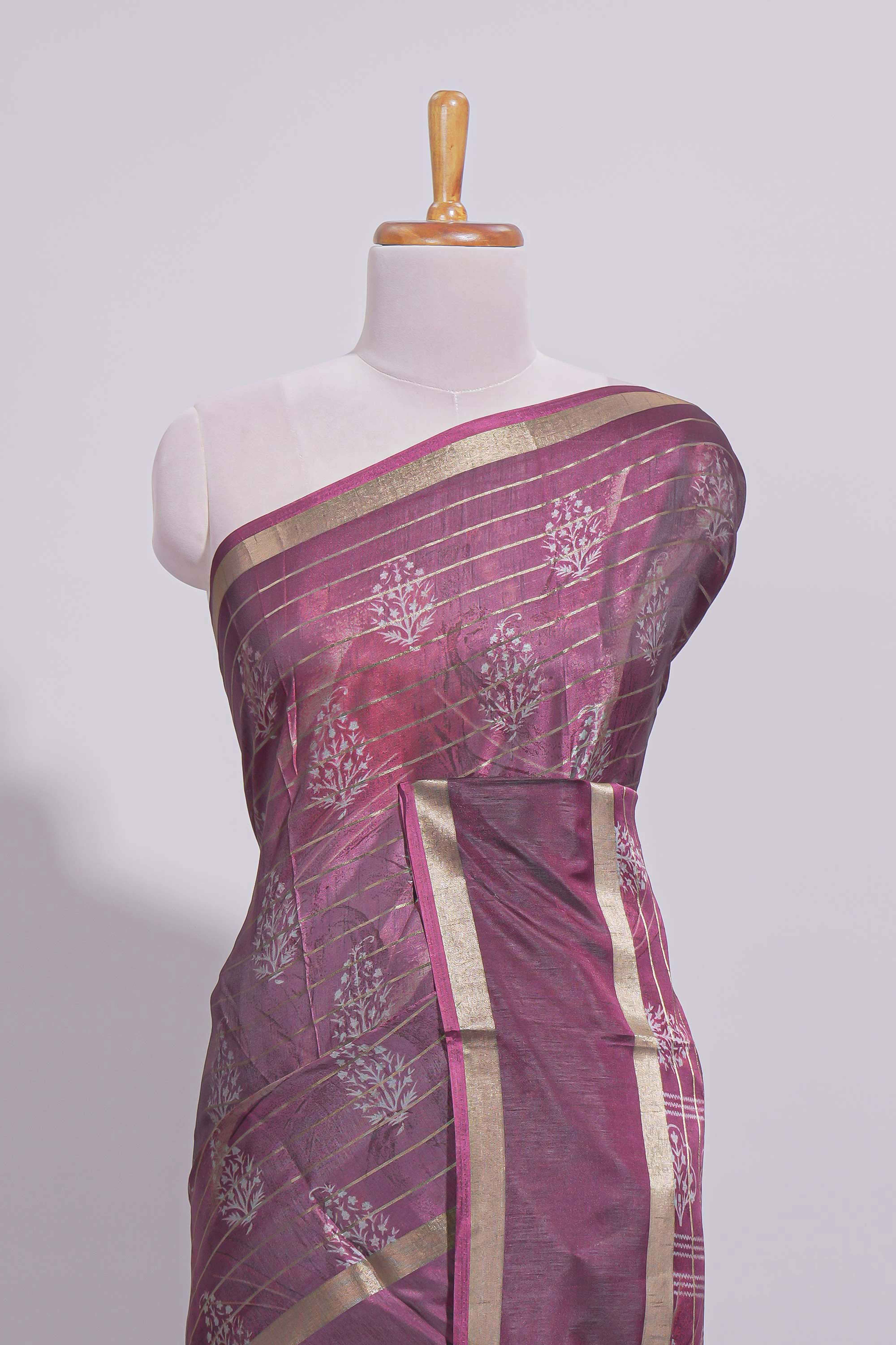 Plum Purple Dola Silk Saree Floral Motifs with Zari Border and matching printed blouse