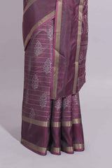 Plum Purple Dola Silk Saree Floral Motifs with Zari Border and matching printed blouse