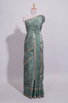 Teal green Dola Silk Saree all over floral motifs fine zari stripes and zari border with matching printed blouse