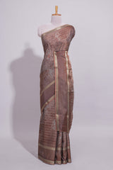 Brown Dola Silk Saree all over floral motifs fine zari stripes and zari border with matching printed blouse