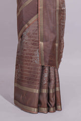 Brown Dola Silk Saree all over floral motifs fine zari stripes and zari border with matching printed blouse