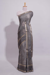 Charcoal Grey Dola Silk Saree all over floral motifs fine zari stripes and zari border with matching printed blouse