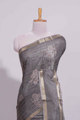 Charcoal Grey Dola Silk Saree all over floral motifs fine zari stripes and zari border with matching printed blouse