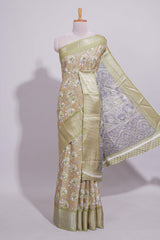Peach Dola Sareefloral motifs elegant zari border with contrast printed pallu and matching buttas blouse