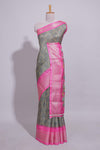 Steel Grey shade Striped saree with Contrast zari Border and floral design blouse