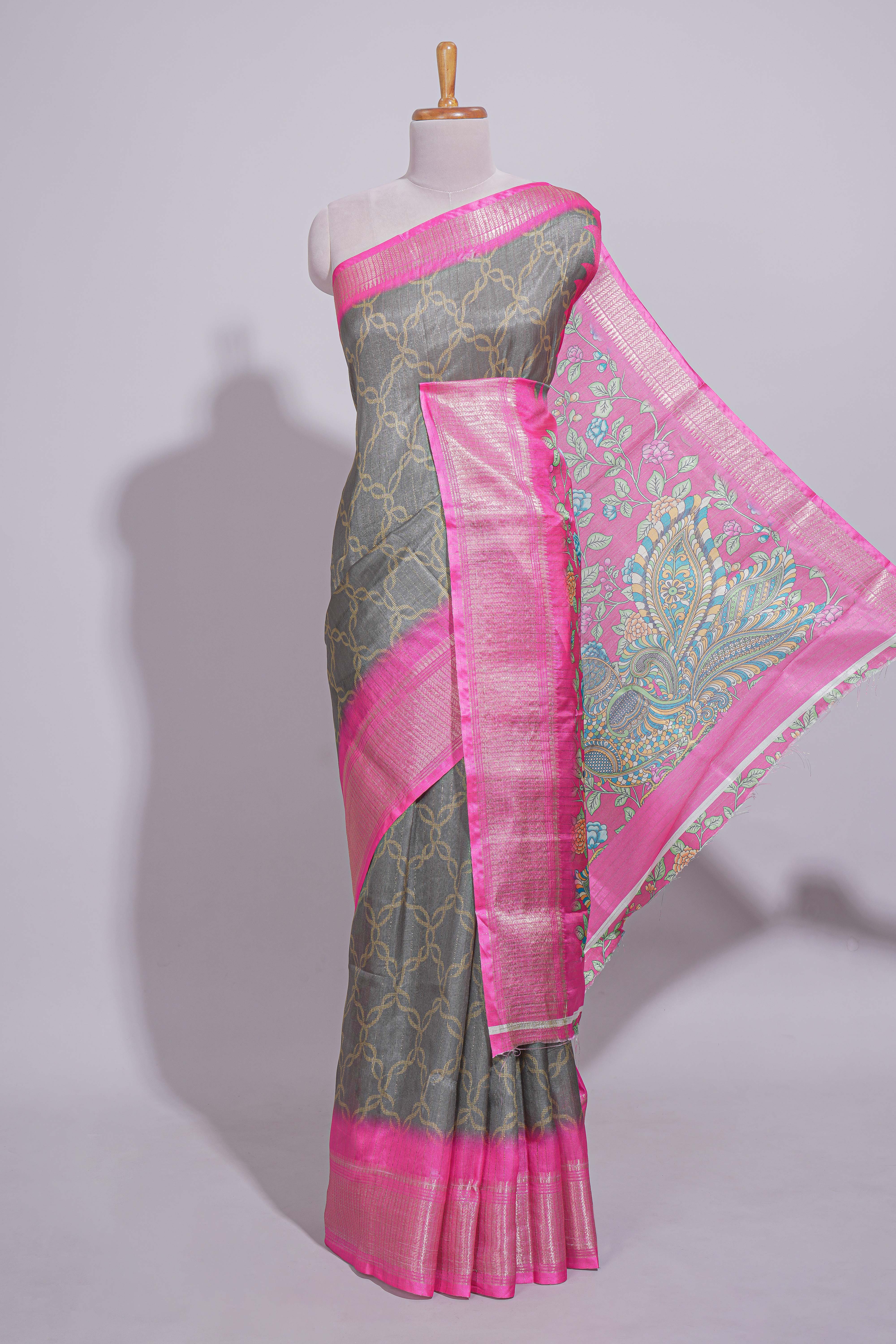 Steel Grey shade Striped saree with Contrast zari Border and floral design blouse