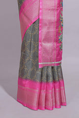Steel Grey shade Striped saree with Contrast zari Border and floral design blouse