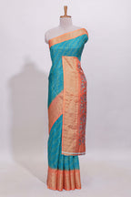 Teal blue striped dola Saree with contrast border and floral pallu along with contrast blouse