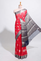 Red floral design motifs dola silk saree with contrast zari border and blouse