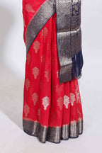 Red floral design motifs dola silk saree with contrast zari border and blouse