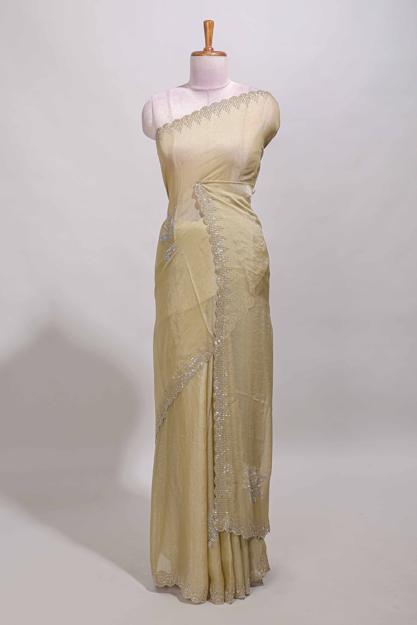 Sandal floral design stone work designer saree with self scallop border and matching blouse