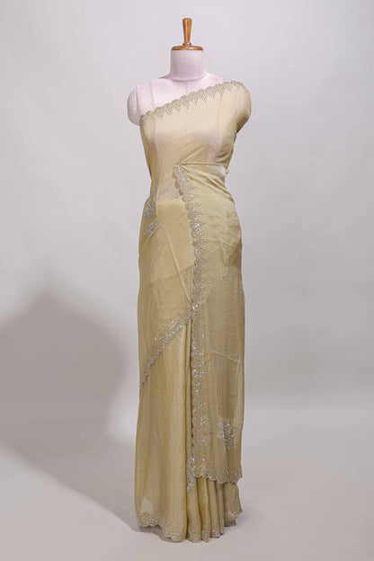 Sandal floral design stone work designer saree with self scallop border and matching blouse