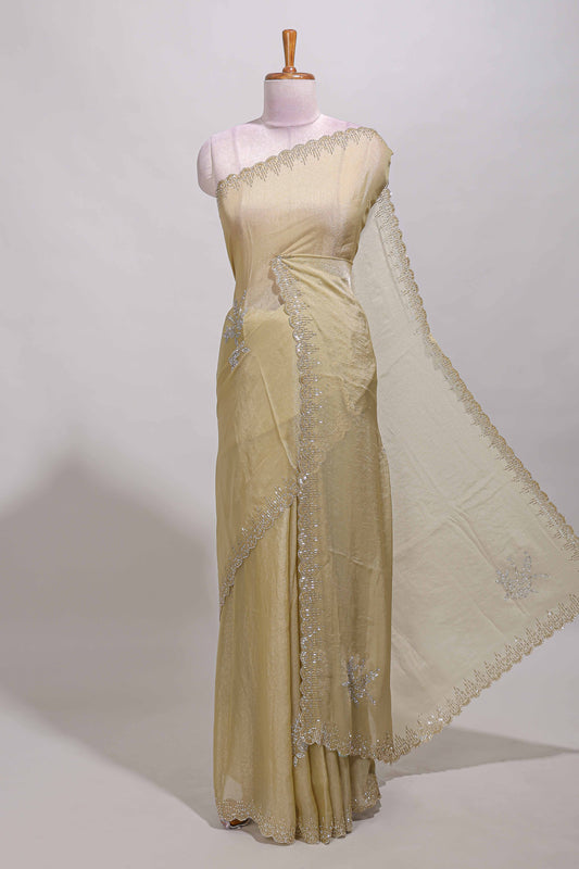 Sandal floral design stone work designer saree with self scallop border and matching blouse