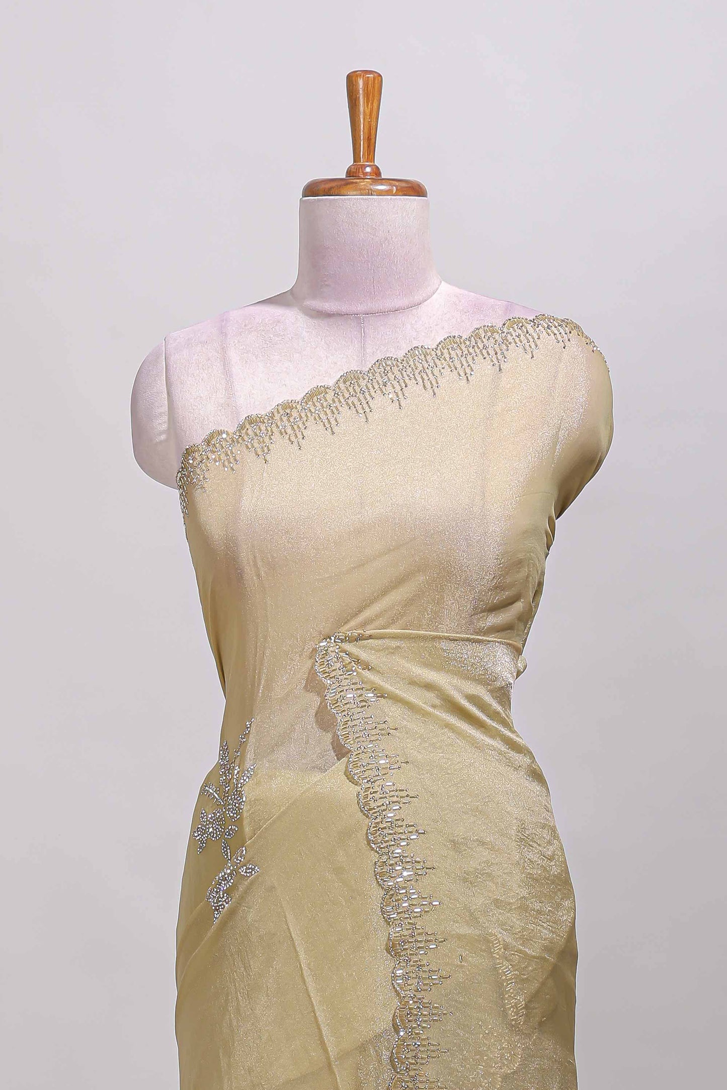 Sandal floral design stone work designer saree with self scallop border and matching blouse