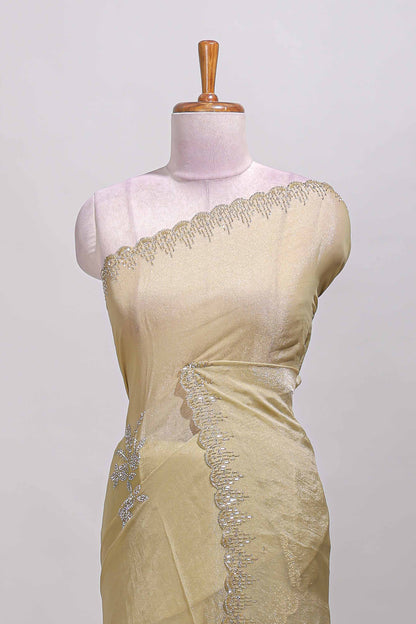 Sandal floral design stone work designer saree with self scallop border and matching blouse