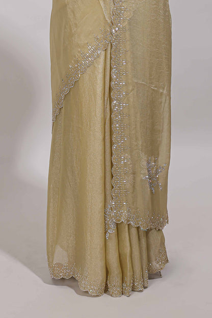 Sandal floral design stone work designer saree with self scallop border and matching blouse