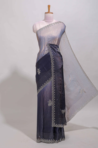 Dual tone navy blue & silver designer saree with floral motifs, stone work & scallop border