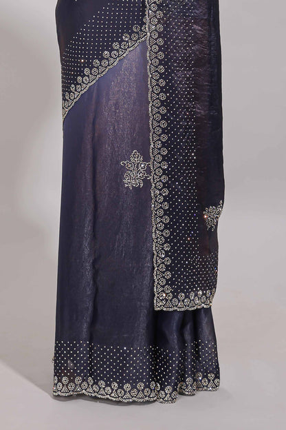 Dual tone navy blue & silver designer saree with floral motifs, stone work & scallop border