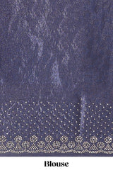 Dual tone navy blue & silver designer saree with floral motifs, stone work & scallop border