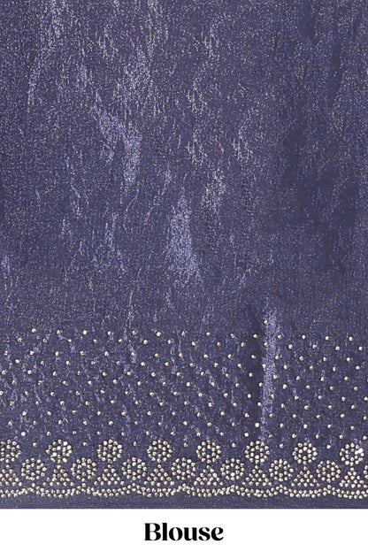 Dual tone navy blue & silver designer saree with floral motifs, stone work & scallop border