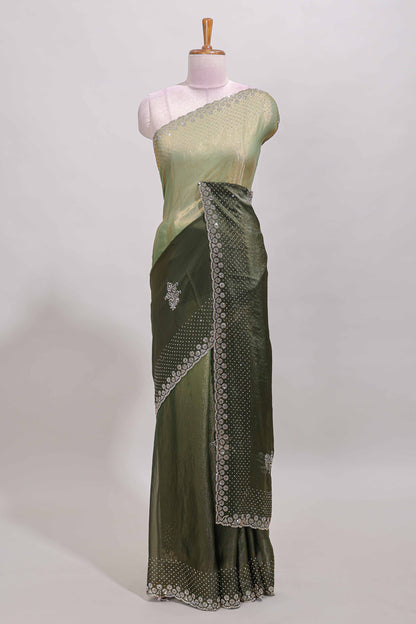 Green dual shade designer saree with floral motifs, stone work & scallop border