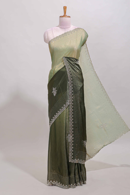 Green dual shade designer saree with floral motifs, stone work & scallop border