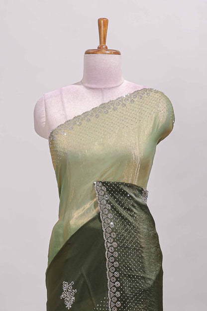 Green dual shade designer saree with floral motifs, stone work & scallop border