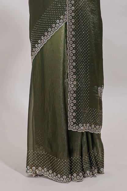 Green dual shade designer saree with floral motifs, stone work & scallop border