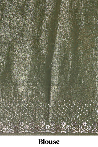 Green dual shade designer saree with floral motifs, stone work & scallop border