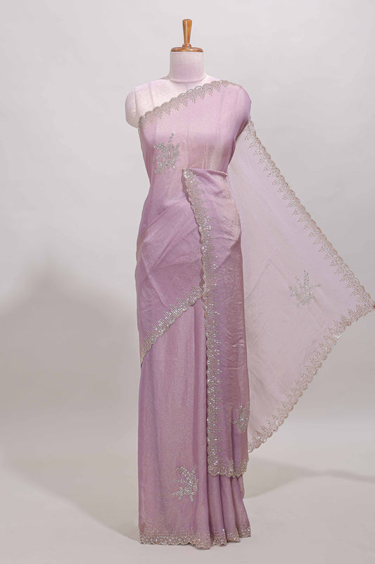 Lavender designer saree with floral motifs, stone work & scallop border