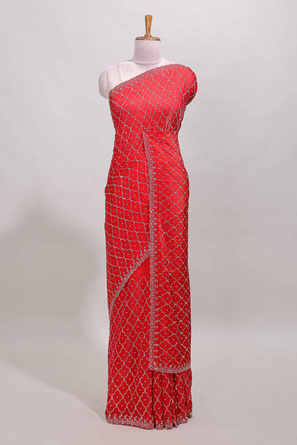 Pink geometric stone work designer saree with self scallop border and matching blouse