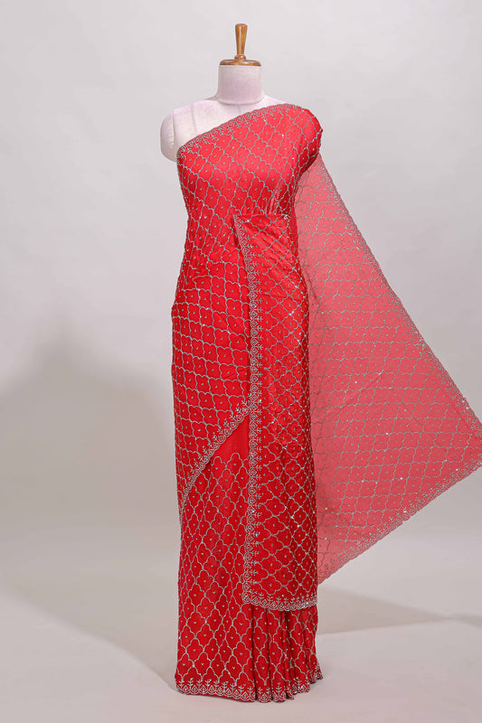 Pink geometric stone work designer saree with self scallop border and matching blouse