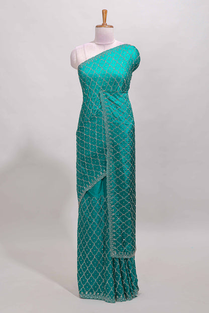 Green geometric stone work designer saree with self scallop border and matching blouse