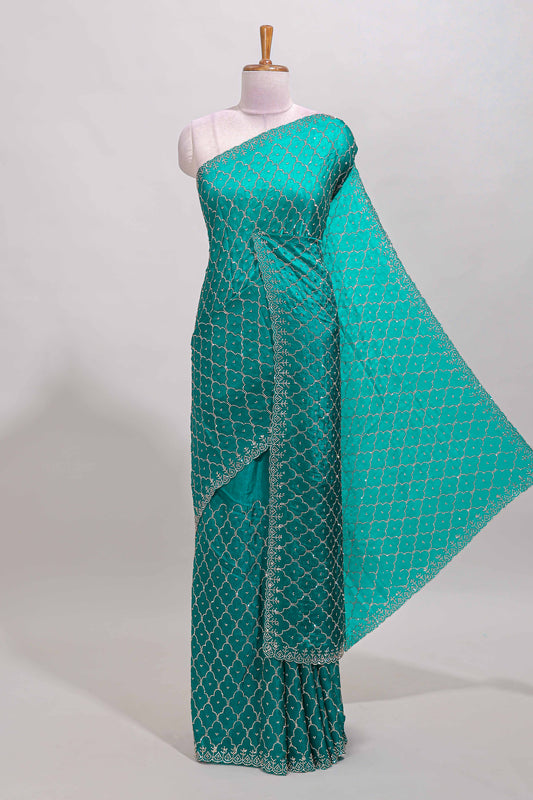 Green geometric stone work designer saree with self scallop border and matching blouse