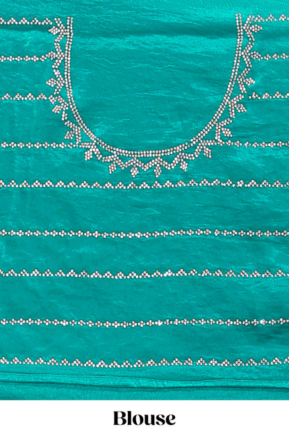 Green geometric stone work designer saree with self scallop border and matching blouse
