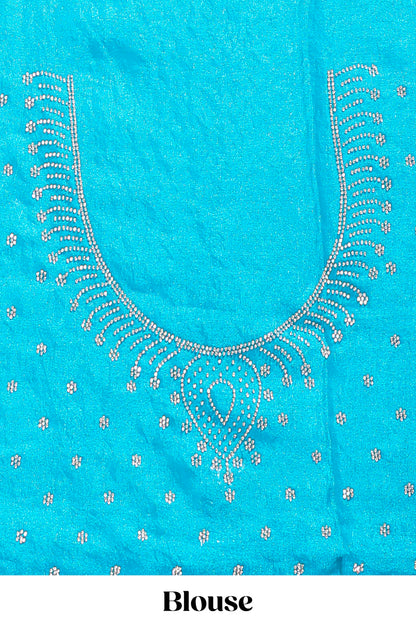 Blue floral vine stone work designer saree with self scallop border and matching blouse