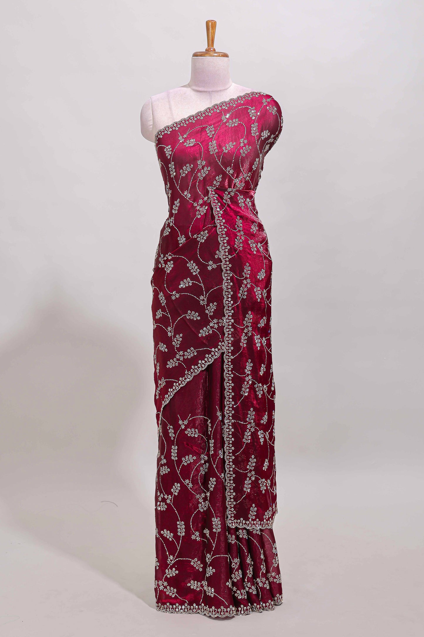 Maroon floral vine stone work designer saree with self scallop border and matching blouse