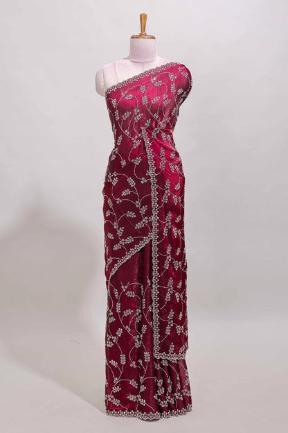 Maroon floral vine stone work designer saree with self scallop border and matching blouse