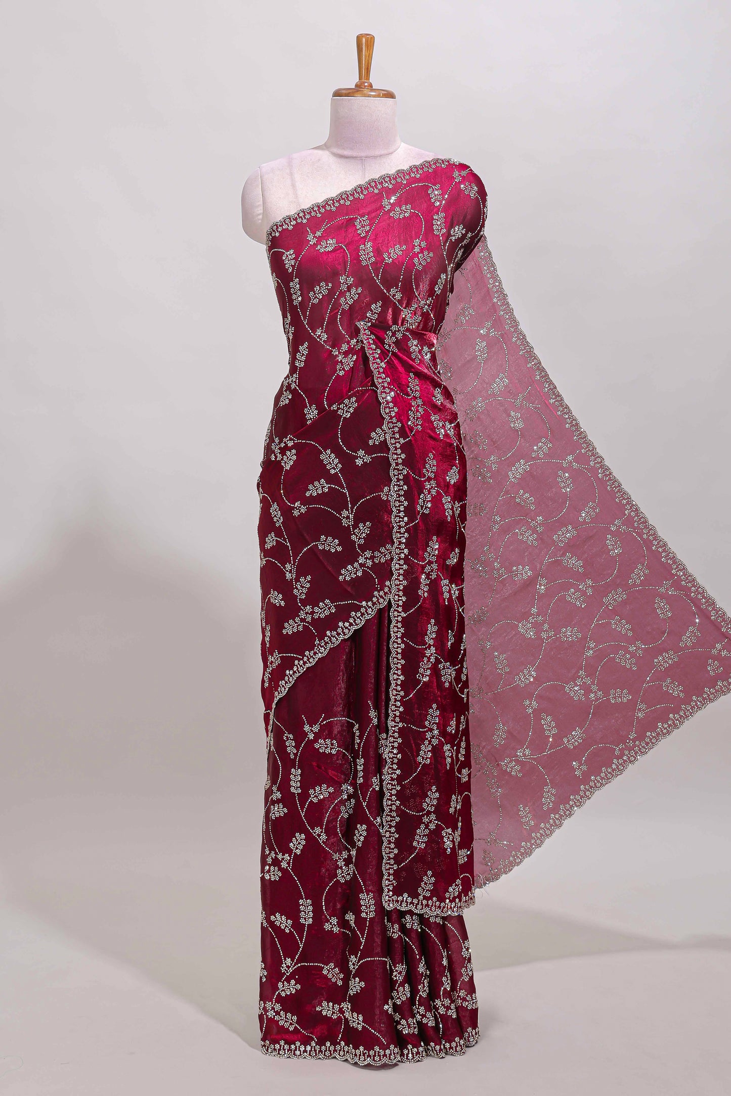 Maroon floral vine stone work designer saree with self scallop border and matching blouse