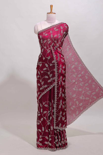 Maroon floral vine stone work designer saree with self scallop border and matching blouse