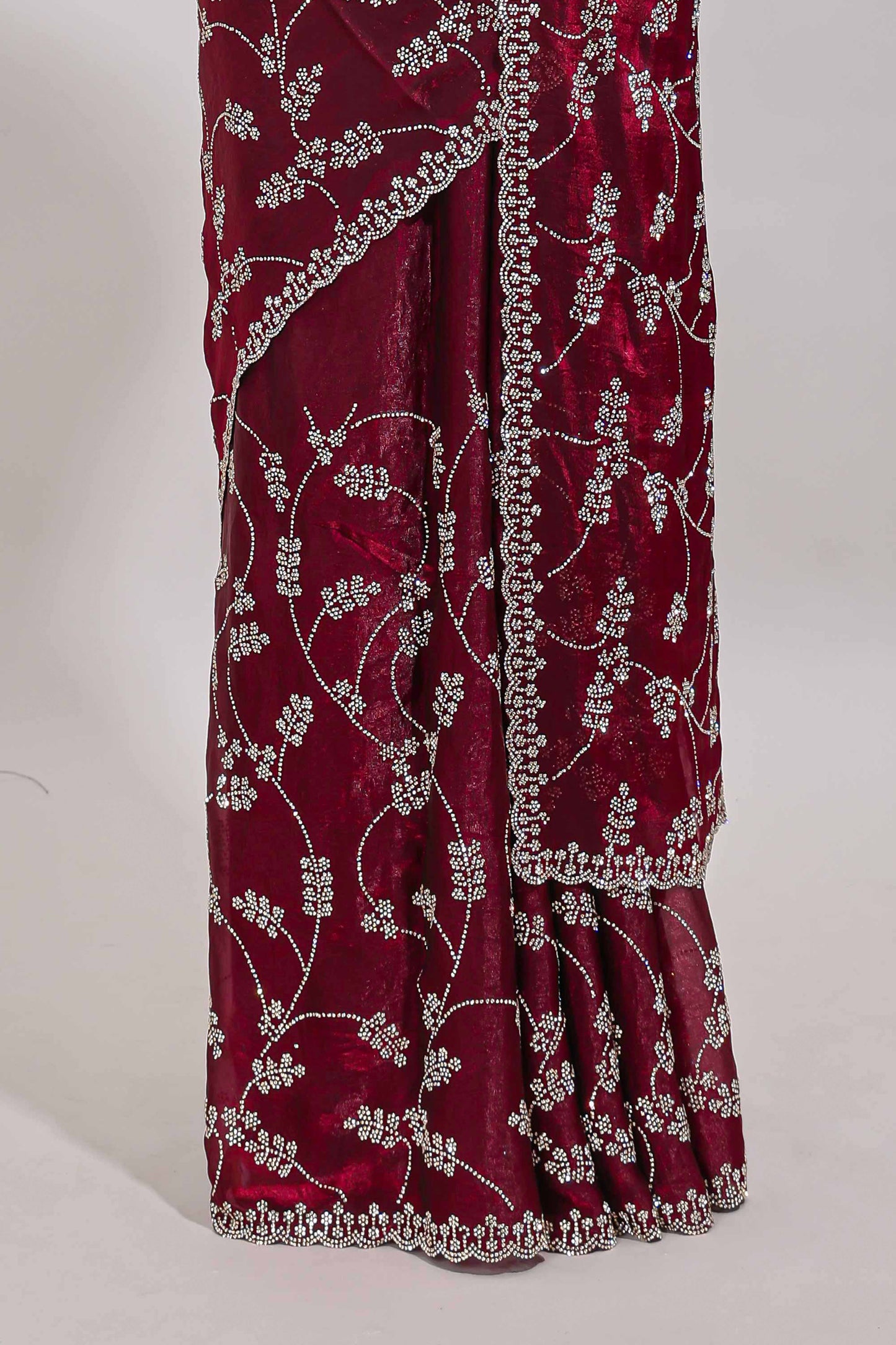 Maroon floral vine stone work designer saree with self scallop border and matching blouse